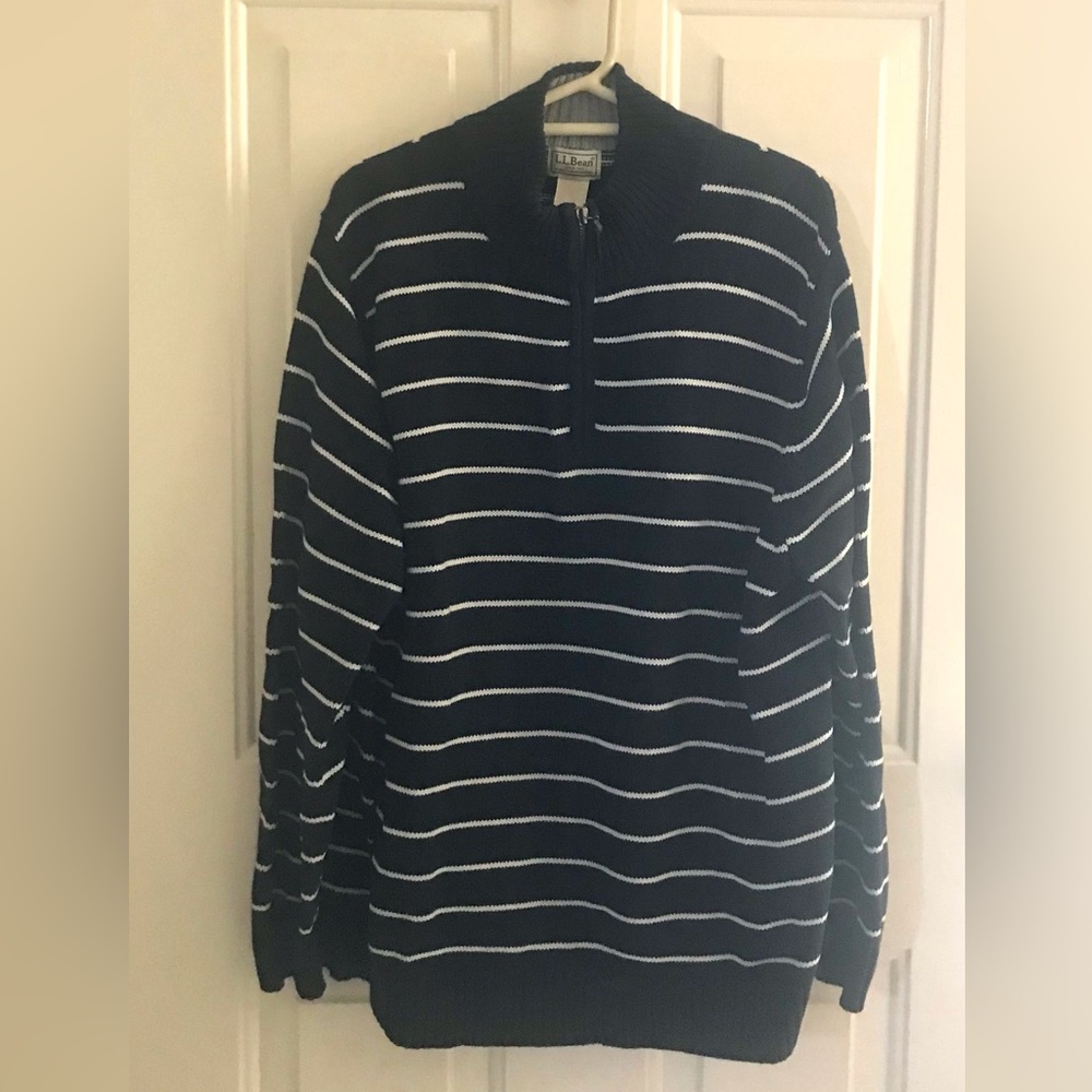 L.L. Bean Men's Navy and White Striped Half-Zip Sweater